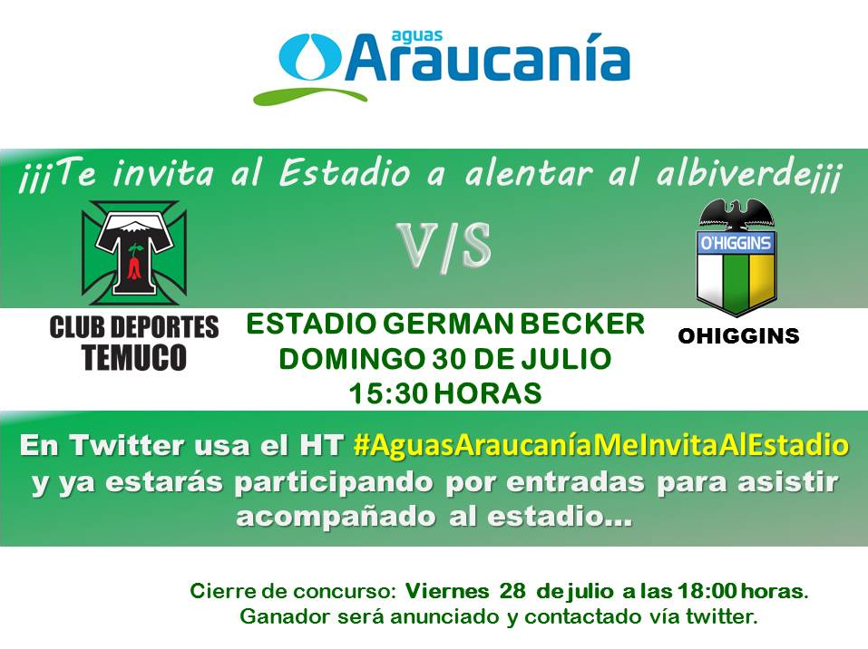 aguasaraucania's tweet photo. Usa HT #AguasAraucaniaMeInvitaAlEstadio y participa por entradas para alentar a @temucooficial este domingo. https://t.co/aGT9DRHFtw