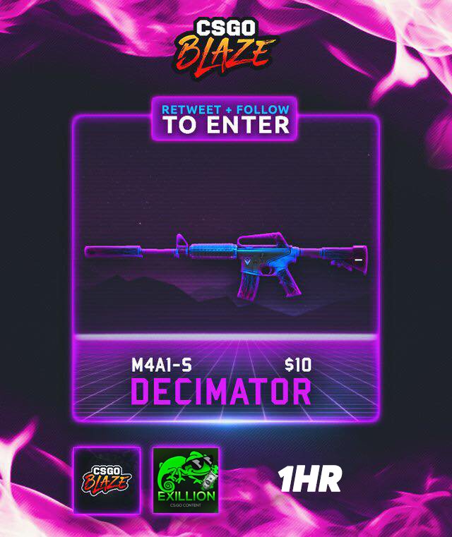 snag2times's tweet photo. 🍀M4A1-S DECIMATOR 🍀

💰 10$ GIVEAWAY #CSGOGIVEAWAY 💰

✅ Retweet
✅ Follow ME + @CSGOBlazeDotCom 

The winners will be picked in 1h hour! https://t.co/wRTPZtxA78