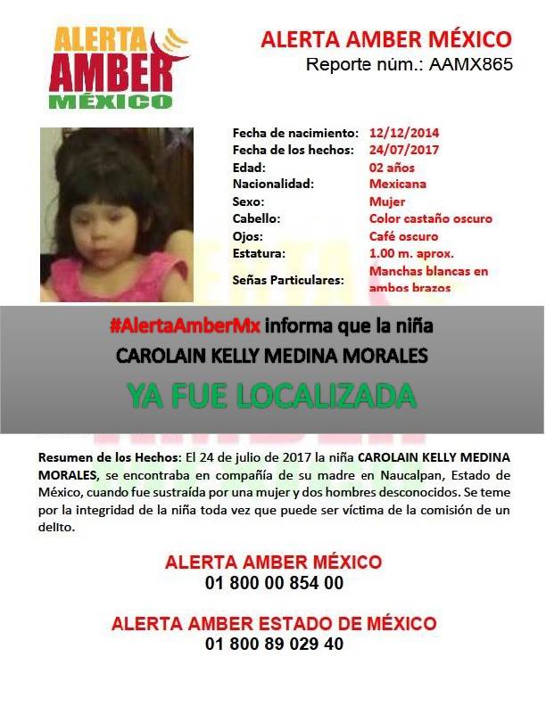 Agradeciendo su apoyo #AlertaAmberMx informa que la niña CAROLAIN KELLY MEDINA MORALES de 02 años de edad, ya fue LOCALIZADA.
