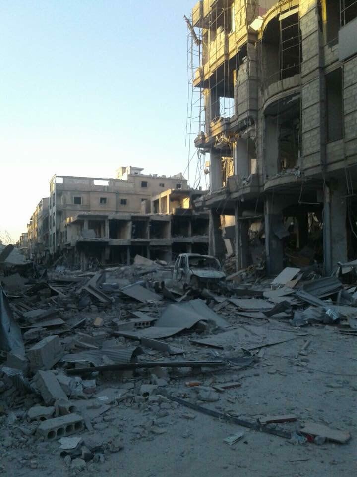 Raqqa_SL's tweet photo. #Raqqa photo shows the Destruction in AL Wadi street downtown Raqqa city Due Airstrikes by Coalition and #SDF Artillery shells #Syria https://t.co/lsWrCmWYm4