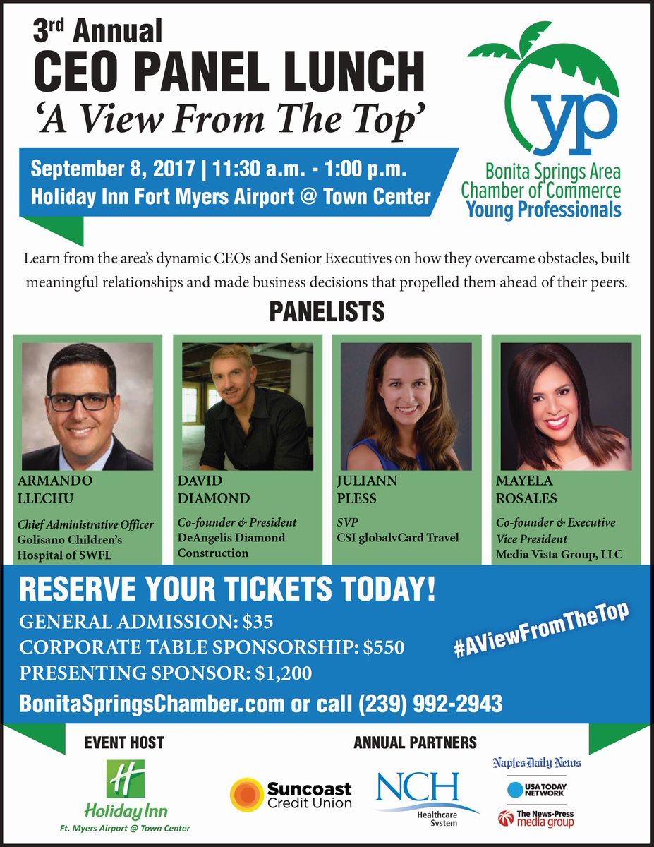 BonitaSpringsYP's tweet photo. 9/8/17 CEO Panel Luncheon: Our Panelists are @DaveDiamond2010 @JuliannPless @MayelaRosales &amp; Armando Llechu! RSVP https://t.co/2ErxN1gPji https://t.co/mvx6624jDb
