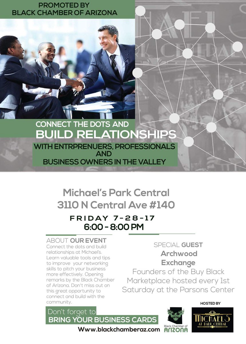 blackchamber_az's tweet photo. Reminder: Don't forget tonight's Connect the Dots Networking Event at Michael's Park Central! #networking #BCAZ #business https://t.co/ye8f7fDZmA