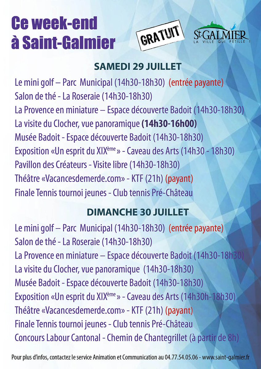 Votre week-end à <a href="/VilleStGalmier/">Ville Saint-Galmier</a> 

Plus d'infos : saint-galmier.fr