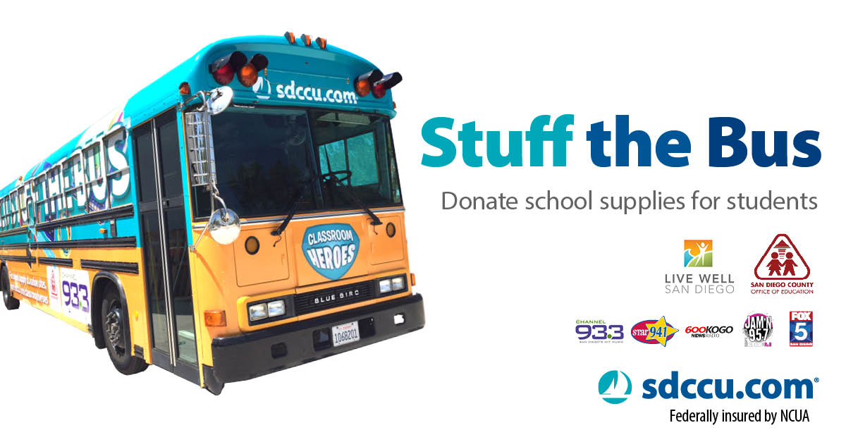 The SDCCU Stuff the Bus tour is at the Walmart on Clairemont Mesa today with <a href="/Jamn957/">JAM'N 95.7 San Diego's HipHop &Throwbacks</a>. See the full schedule at sdccu.com/stuffthebus