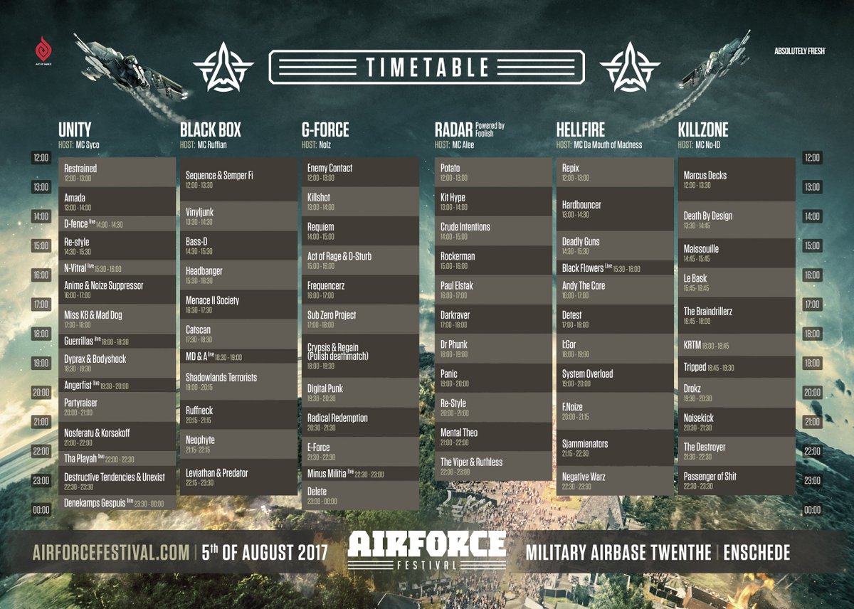 AIRFORCEevent's tweet photo. Superior warfare is the mission. Prepare yourself with the battle plan. Timetable #AIRFORCEFestival2017 now online: https://t.co/z7wbdemUru. https://t.co/BpN6mwhs13