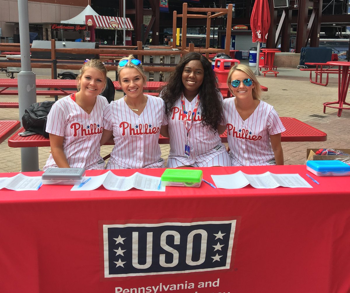 LibertyUSO's tweet photo. The @Phillies ball girls are ready to register #military families for today's #RucksackToBackpack event! #BackToSchoolSupplies https://t.co/w7Hx3mZOOT