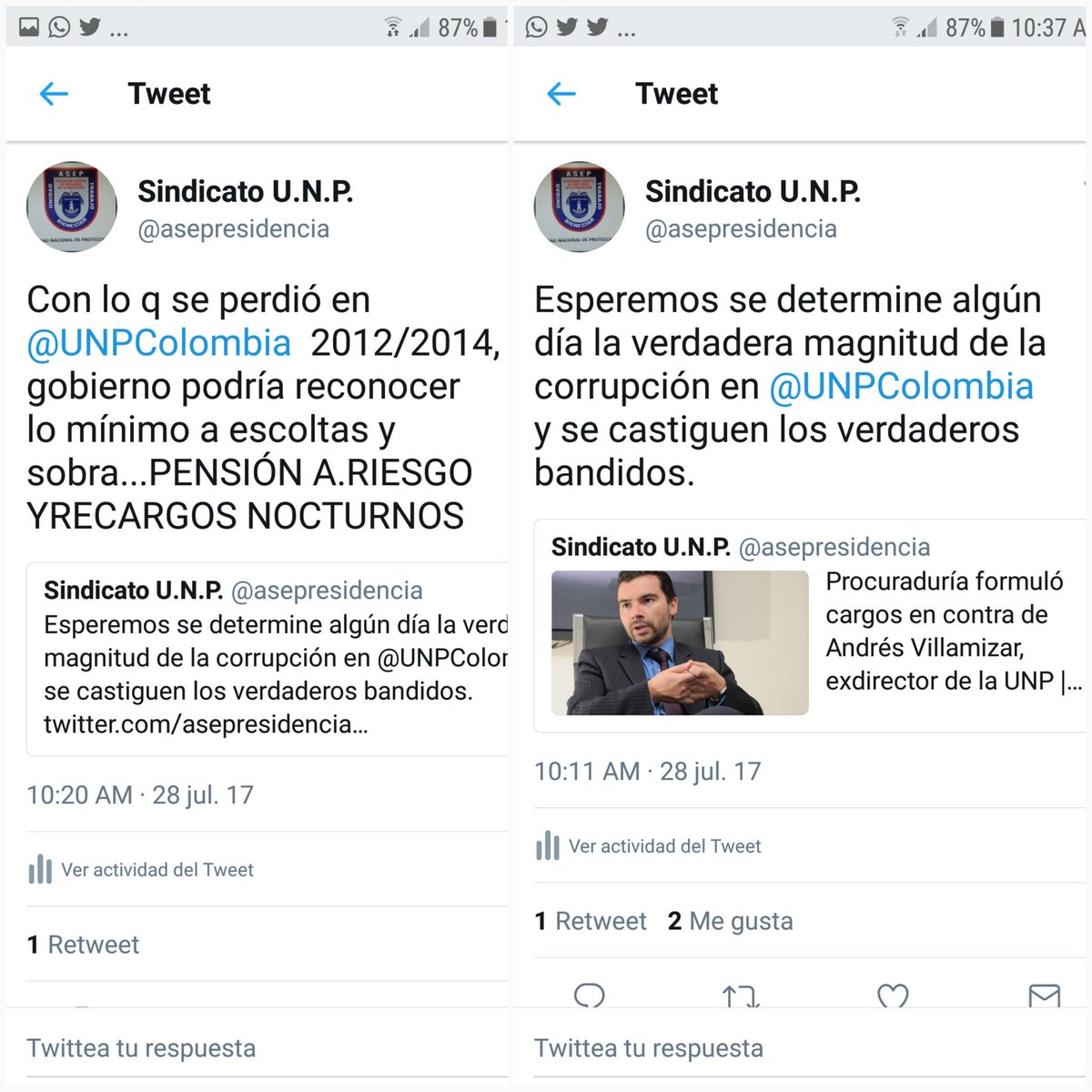 Afortunadamente hoy existe compromiso y voluntad Gob.N/reconocer Der.FuncionariosUNP <a href="/LCaballeroD/">Liliana Caballero</a> <a href="/andrescobarango/">Andrés Escobar</a> <a href="/DiegoFMoraA/">Diego F Mora</a> <a href="/maltescut1/">Francisco Maltés Tello</a>