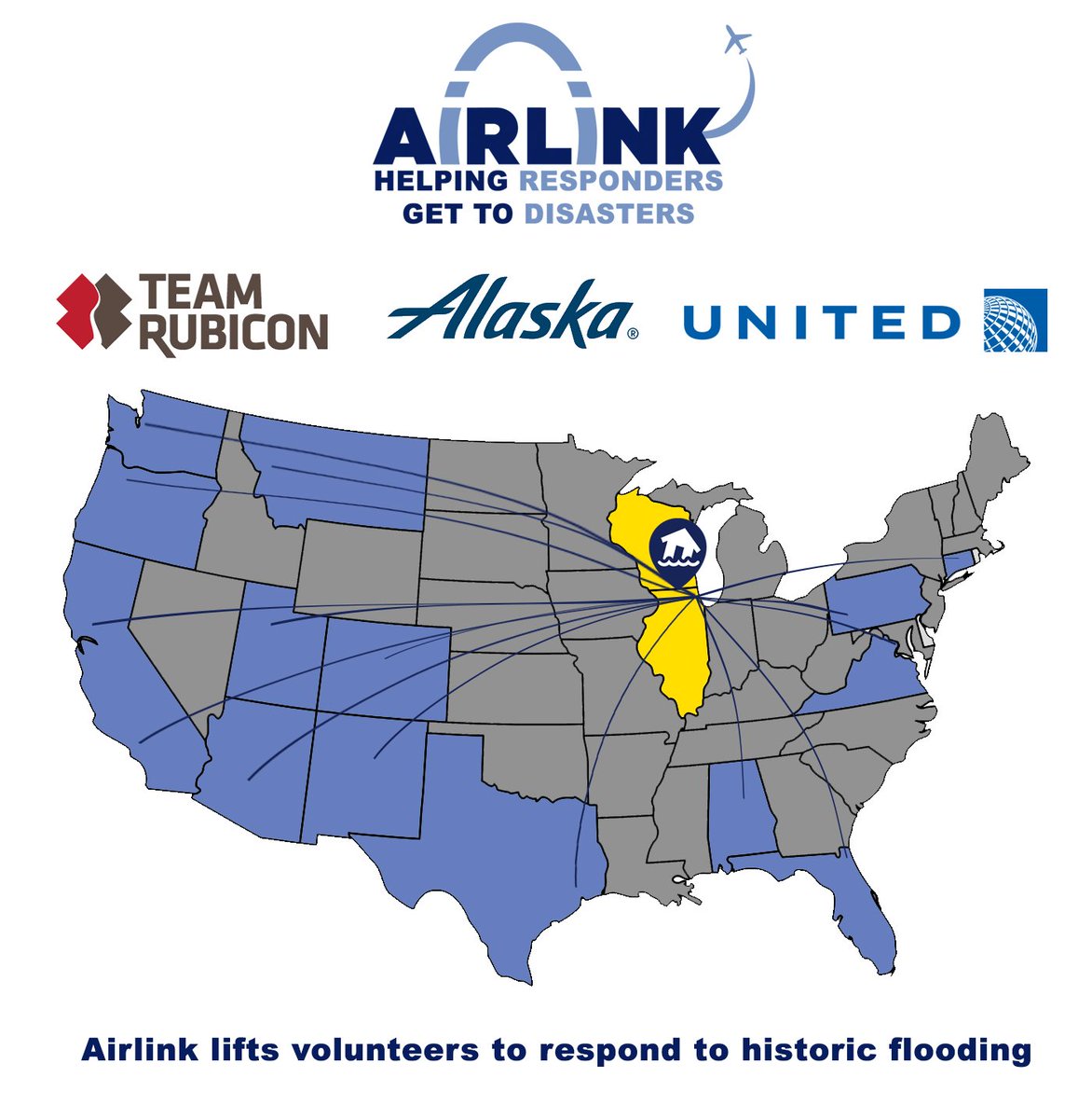 AirlinkFlight's tweet photo. Thanks to @Alaska &amp; @United, Airlink lifts 24 @TeamRubiconUSA volunteers for #MidwestFloodResponse. Donate now: https://t.co/YBcsuNcGye https://t.co/52gkNS2QKC