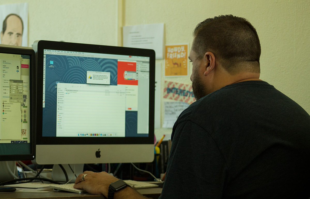 BaselineICT's tweet photo. Geoff, new graphic designer, is either (1) Crushing some designs; (2) Searching for cute cats; (3) All of the Above. #WichitaWebsiteDesign https://t.co/YDK2TqOzlp