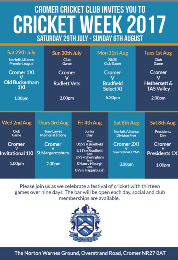CromerCricket's tweet photo. It's arrived! #CromerCricketWeek2017 is upon us. Full programme of fixtures starting tomorrow. Everybody welcome 🦀 https://t.co/LtqnTUndTC