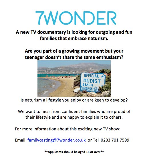 Family_casting's tweet photo. @thenudeguru Searching for UK based #naturist parents or families who love being #nude for a new #documentary on #naturism Pls RT https://t.co/94P9VeY72S