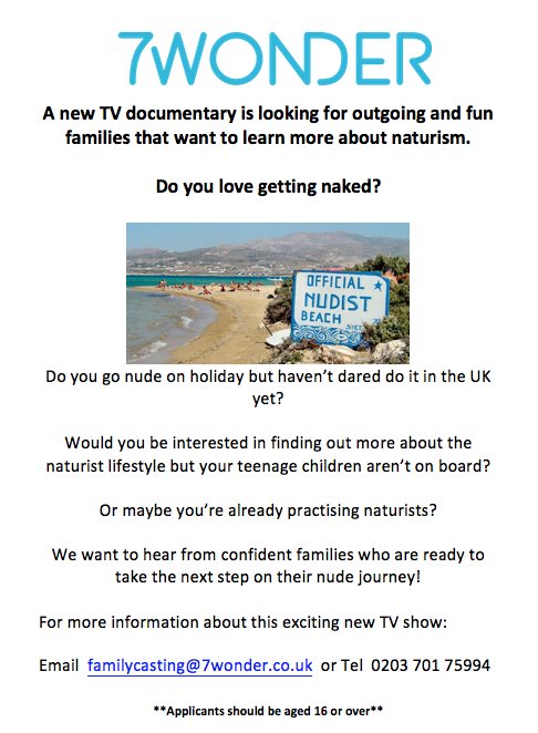 Family_casting's tweet photo. @Wanttobeontv Pls help and RT? Searching for parents who like getting their kit off for a new #TV documentary about #naturism. https://t.co/qQGj8np9Um