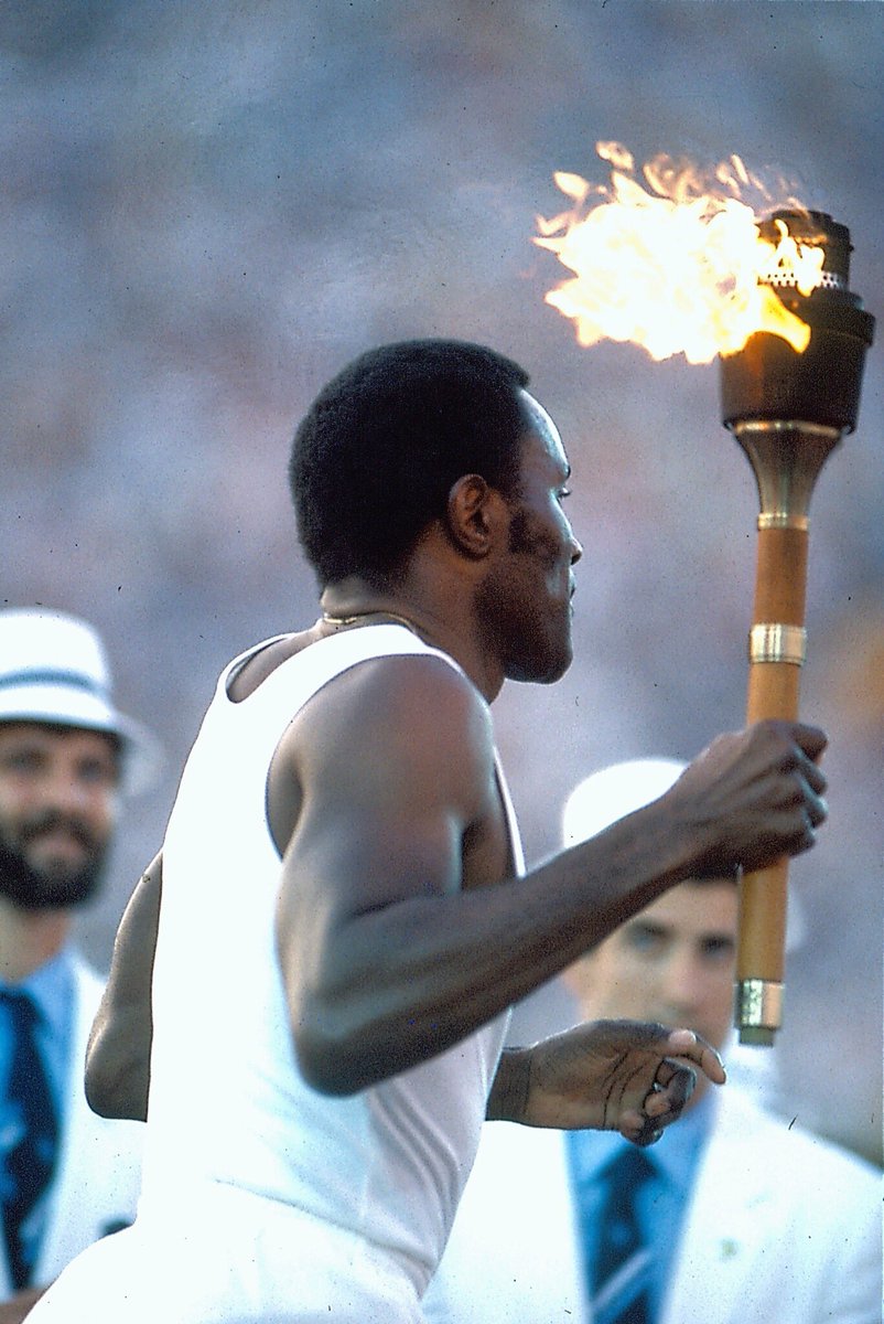 LA84Foundation's tweet photo. 33 years ago today, 1960 Olympic gold medalist Rafer Johnson ran up the @lacoliseum steps to light the flame and open the #LA84 Games! https://t.co/i0cUq80iIm