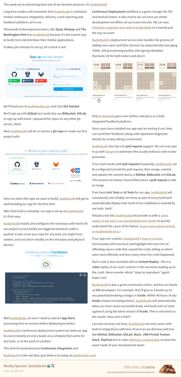 Weekly Sponsor: Buddybuild 🤖🛠

Web version: littlebitesofcocoa.com/sponsor-440

@buddybuild’s CI, CD, &amp; user feedback platform is fantastic, try it!