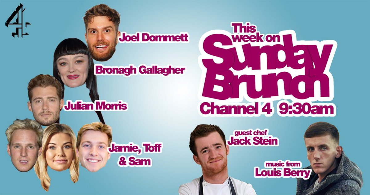 Joining <a href="/SundayBrunchC4/">Sunday Brunch</a> 9.30 today is <a href="/joeldommett/">Joel Dommett</a> <a href="/bronaghgall/">Bronagh Gallagher</a> <a href="/julianm/">Julian Morris</a> <a href="/JamieLaing_UK/">Jamie Laing</a> <a href="/ToffTalks/">Georgia Toffolo</a> <a href="/SamThompsonUK/">Sam Thompson</a> <a href="/JackStein/">Jack Stein</a> &amp; <a href="/louisberry/">LOUIS BERRY</a>!