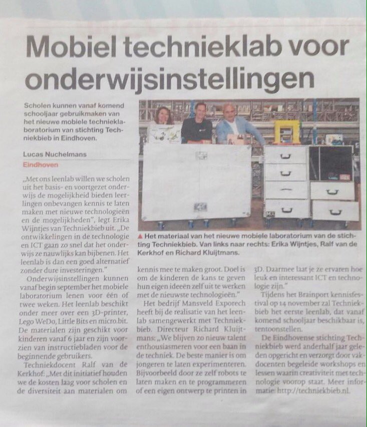 Eindhovens dagblad schrijft over ons leenlab vandaag 👍Komend schooljaar beschikbaar. info binnenkort op techniekbieb.nl.
