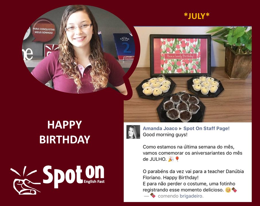 SpotOnIdiomas's tweet photo. Parabéns para os aniversariantes de julho! #JulyBDays Teacher Danubia, felicidades!! https://t.co/Nmygf9qRFu