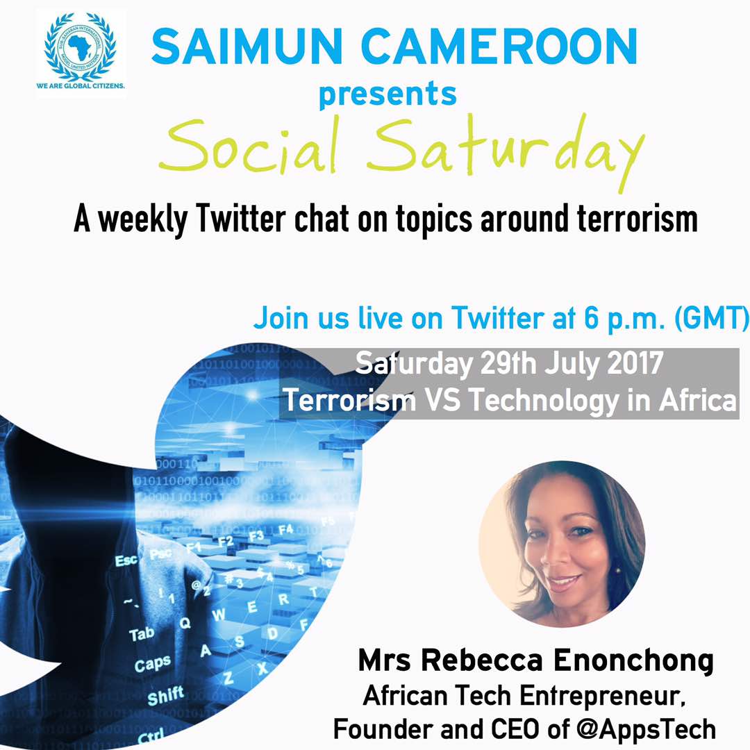 angelemessa's tweet photo. "Le terrorisme et la Technologie en Afrique". Rdv demain avec @africatechie - 19hr. #mun237chat sur @SAIMUN_CAMEROON https://t.co/XKoAOu6GVH