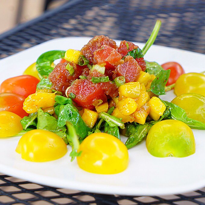 ngonbistro's tweet photo. Ahi tuna poke with ginger and rhubarb hot sauce, mango chutney, Heirloom tomatoes and arugula from #HungryTurtle FarmersCoOp #mysaintpaul https://t.co/U0ia761li6