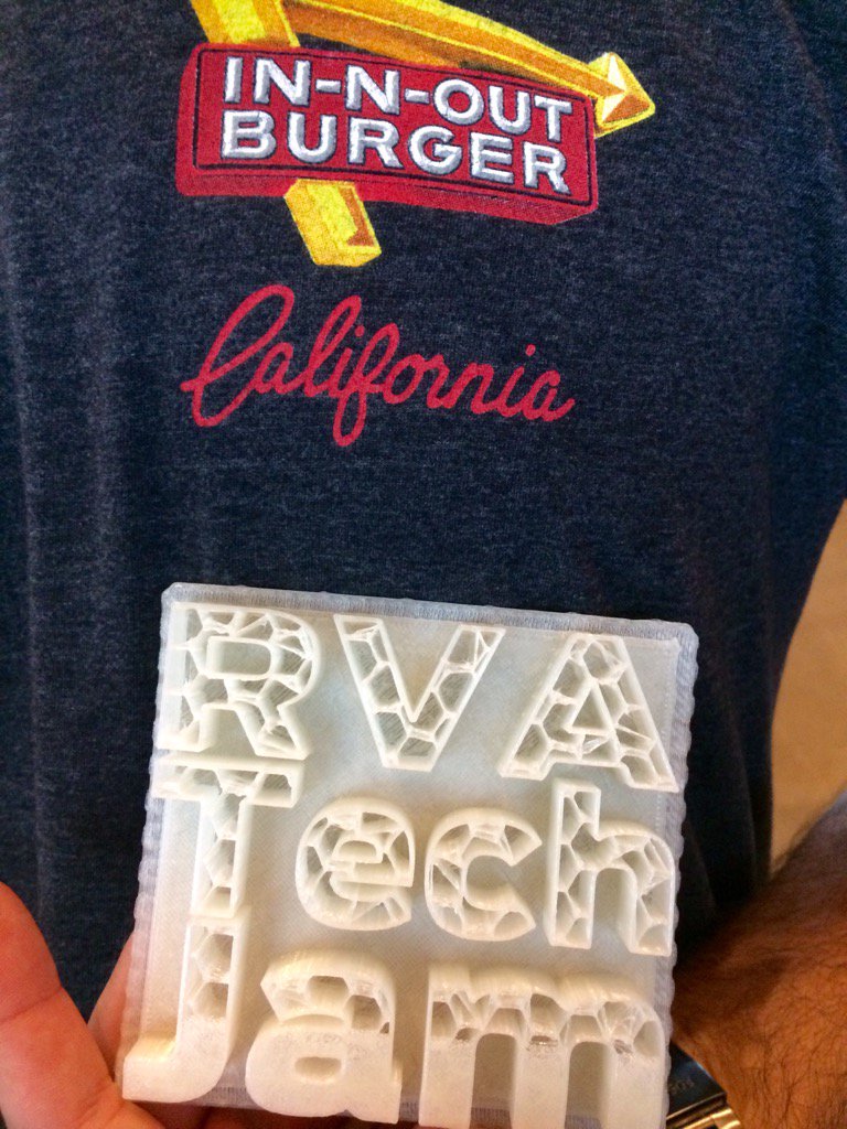 TechEmRVA's tweet photo. Flew in from Cali for the #rvatechjam #RVATechWeek #3Dprinting https://t.co/jEDFZYClGe