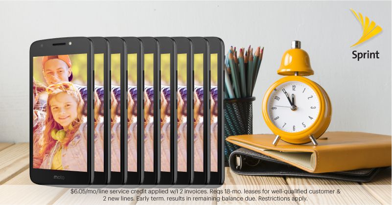 Come to Sprint Sat 7/29 for hot Back to School deals during #SprintSaysThanks event! Lease any smartphone, &amp; get up to 10 moto e4 on us!