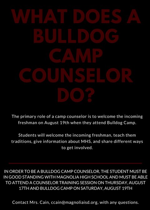 MagnoliaHighTX's tweet image. TODAY is the last day to sign up for Bulldog Camp Counselor!  Sign up here: goo.gl/forms/he2Au9bR…