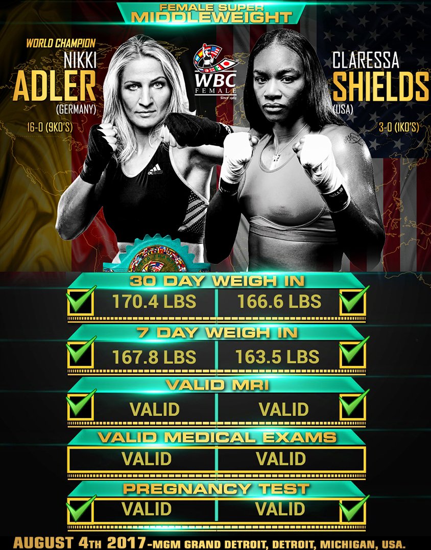 wbcmoro's tweet photo. Great professionalism shown by these 2 amazing warriors,
@NikkiAdler vs. @Claressashields . 

WBC SUPER MIDDLEWEIGHT CHAMPIONSHIP BOUT https://t.co/EccM3O9PMY
