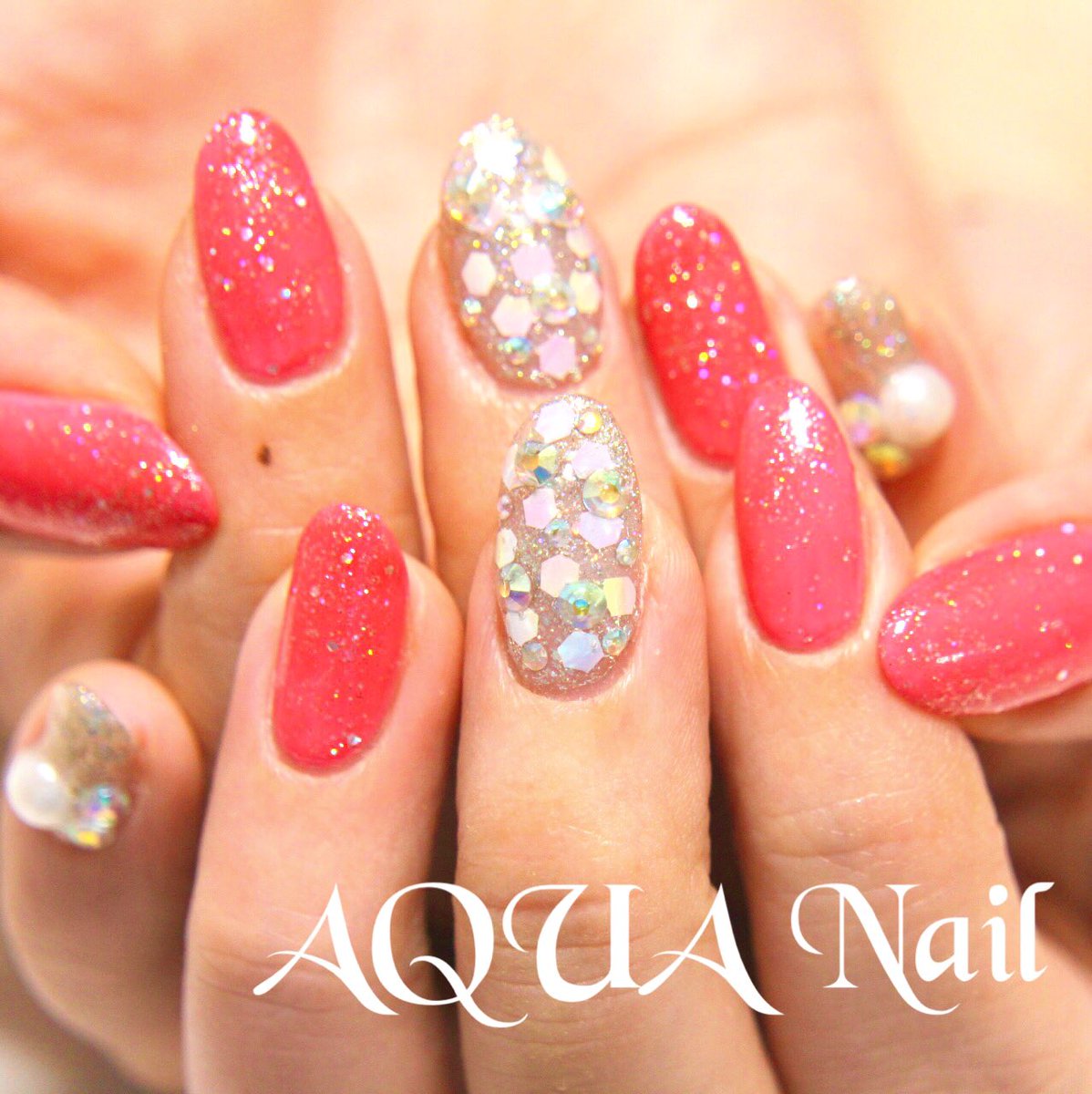 Twitter पर 天候さん 深爪矯正ネイリスト ピンクワンカラー ミックスラメコーティング 彡 六角ホロが可愛いシンプル派手ネイル 3 240円 Aquanail前橋 前橋 ネイルサロン