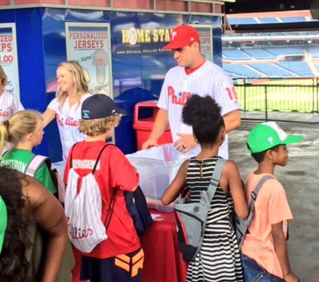 LibertyUSO's tweet photo. The @Phillies slugger @_TommyJoseph_ handing out #BackToSchool supplies to military families at today's #USO #RucksackToBackpack event! https://t.co/UBMofkyaeD