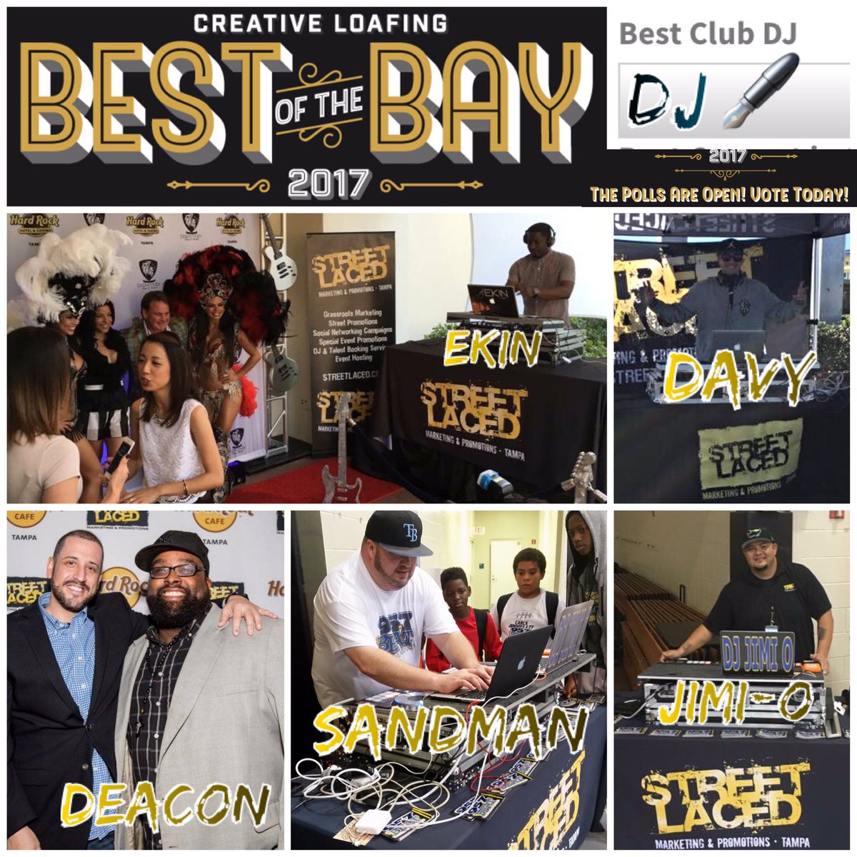StreetLacedDJs's tweet photo. Five #StreetLacedDJs up for BEST CLUB DJ! Voting for #CLBOTB 2017 is LIVE! Polls open til August 23! Vote today! https://t.co/J3S3xxXz6S https://t.co/pLb530AuVN