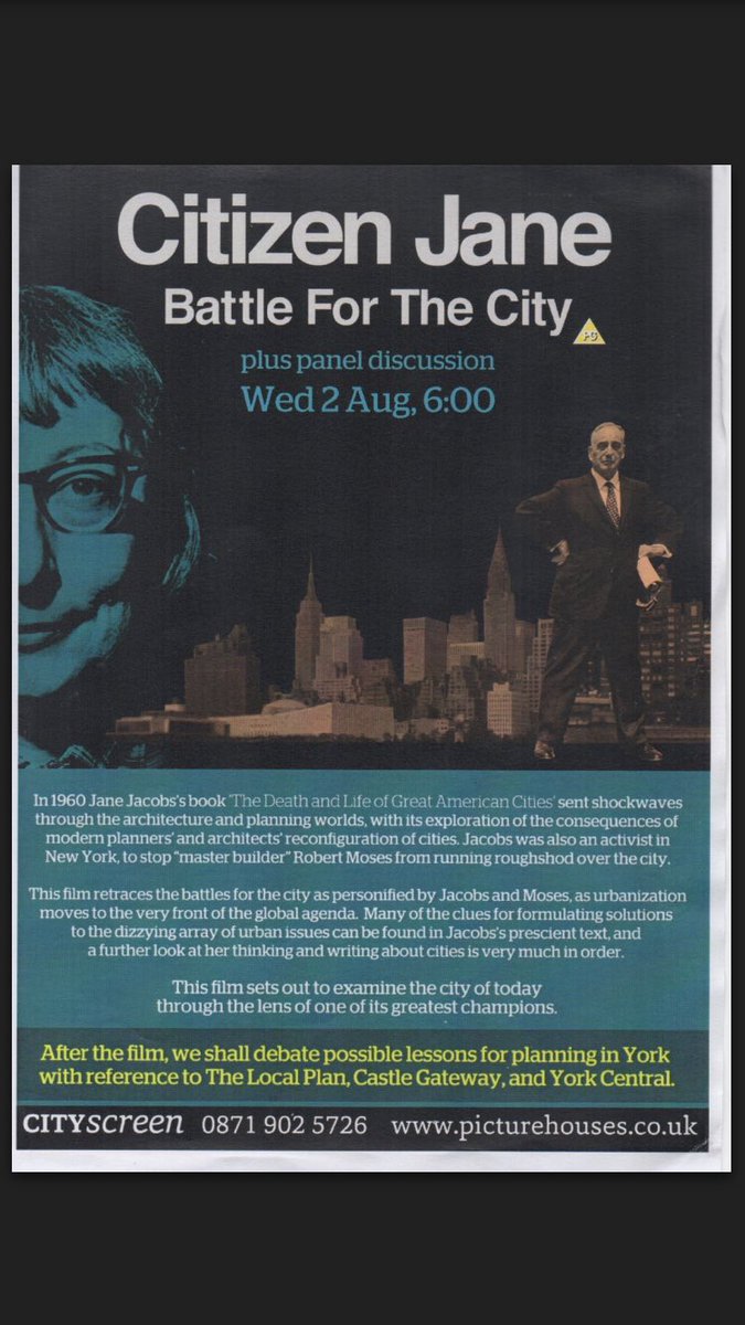YCA_York's tweet photo. Citizen Jane: Battle For The City screening 2-Aug followed by panel discussion @CityScreenYork  @MyCastlGateway #ourcity #York #janejacobs https://t.co/qwTaTx4SXM