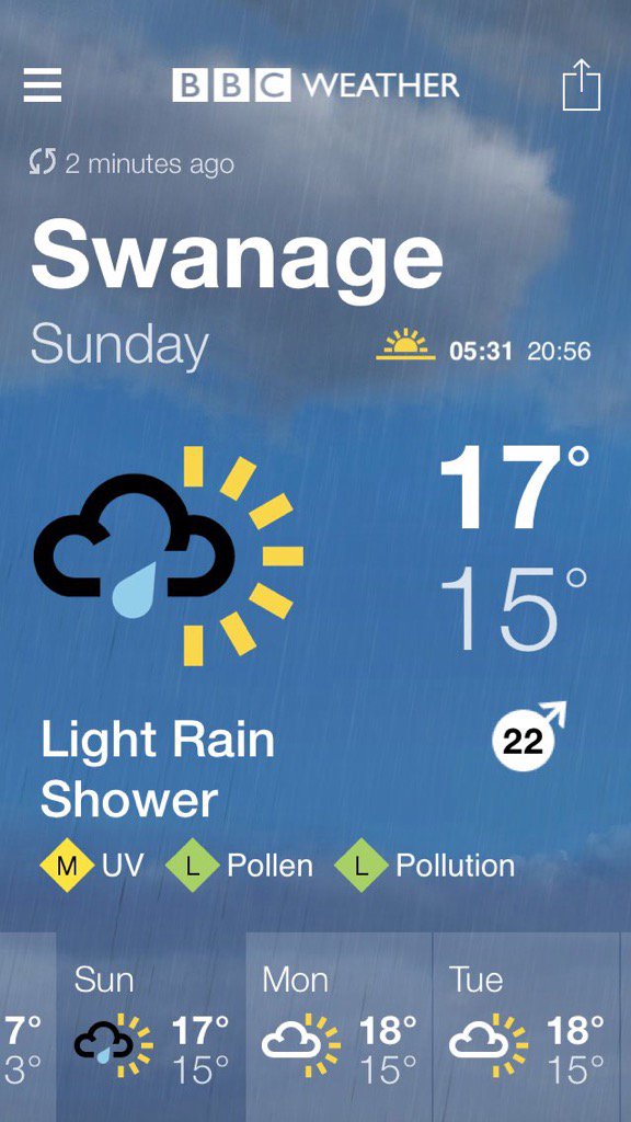 stixy31's tweet photo. BBC Weather forecast for Swanage. Sunday: Light Rain Shower. https://t.co/xK6a94ZGMR https://t.co/ML77BJmI9h