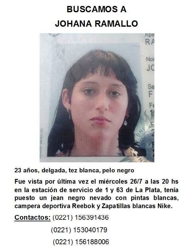 EricSimonetti's tweet photo. Están buscando a Johana Ramallo. Tiene 23 años y fue vista por última vez el 26/7 a las 20hs en la estación de servicio de 1 y 63 - La Plata https://t.co/fCMUrfzAAi