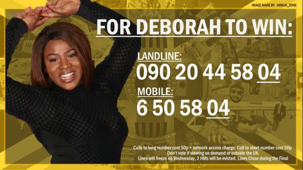 laverne742's tweet photo. There's still time - vote for @OfficialDebra A true blessing in the house #VoteDeborah β€
#BBUK #BBfinal https://t.co/e3ZkZTihT1