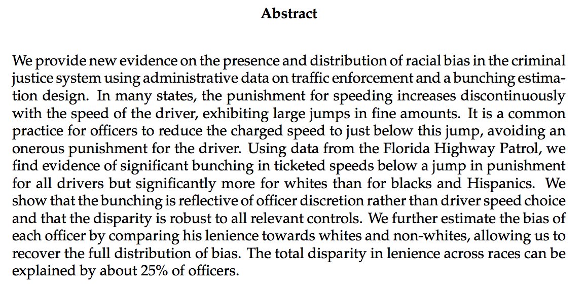 Interesting paper on racial disparities in policing from #NBERSI: Police more likely to give white drivers a break. conference.nber.org/confer//2017/S…