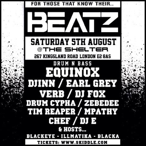 BEATZ ONE WEEK TO GO!
<a href="/McBlacka/">MC BLACKA</a> <a href="/dje_dnb/">Dj E (UK)</a> <a href="/JimEarlGrey/">Earl Grey</a> <a href="/DjChef/">DJ Chef</a> <a href="/Djinn_DJ/">DJINN</a> <a href="/illmatika/">iLLMATIKA</a> <a href="/verbdnb/">verb!</a> <a href="/DarrenFoxBeatz/">Darren Fox</a> <a href="/blackeyelab/">Blackeye MC</a>