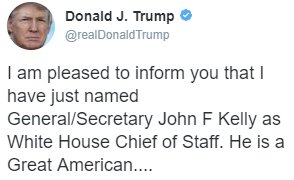 NewsHour's tweet photo. NEWS: President Donald Trump has announced on Twitter that @DHSgov Secretary Gen. John F. Kelly is his new White House chief of staff. https://t.co/tq2dsMz5Nr