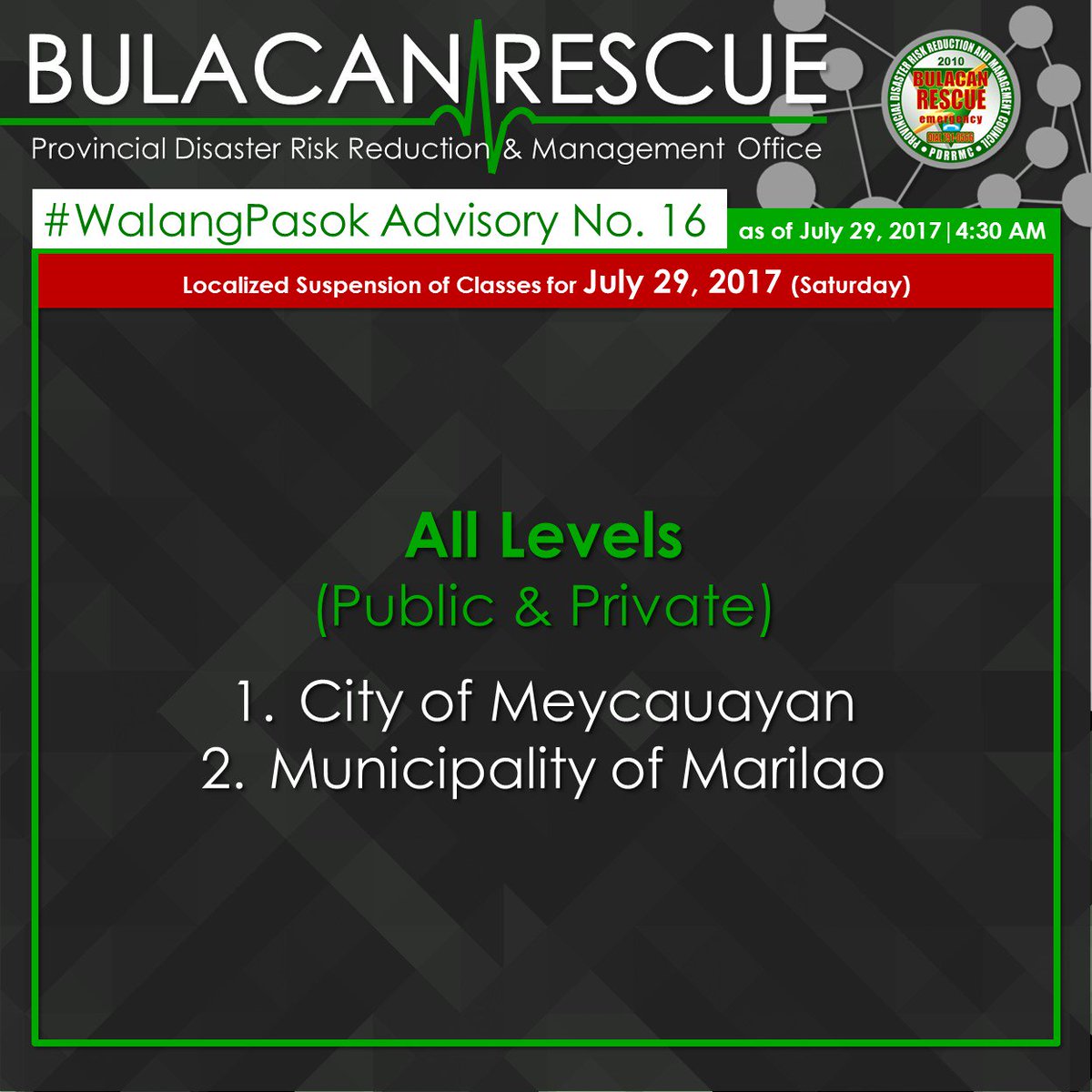 BulacanRescue's tweet photo. #WalangPasok Advisory no. 16

 Due to inclement weather brought about by Typhoon GORIO 

 #BulacanRescue
 #PleaseSHARE https://t.co/EqU3rGExIw
