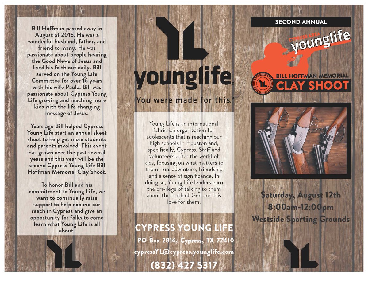 WSGClays's tweet photo. Cypress @YoungLife is here August 12th! Teams are still available. Visit   https://t.co/s0nfAwwuUY. #CypressYoungLife #sportingclays #WSG https://t.co/OI6RnHkn91