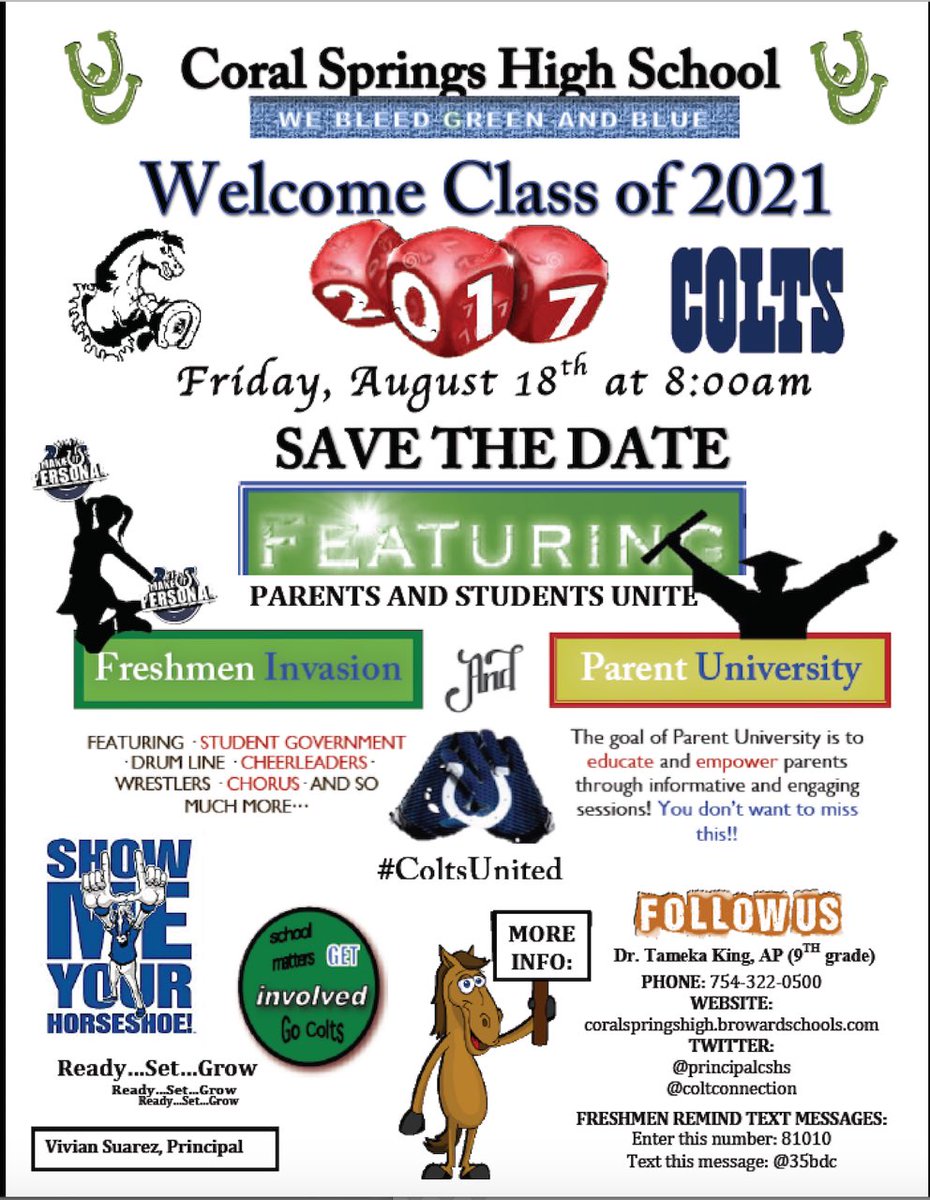 Can't wait to meet the Class of 2021 at Freshmen Invasion and Parent University on 8/18 at 8:00am! We are #ColtsUnited! <a href="/ColtConnection/">Colt Connection</a>