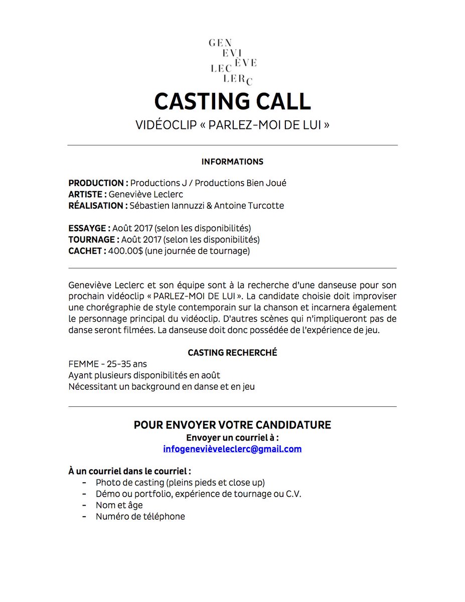 GenevievLeclerc's tweet photo. CASTING CALL
VIDÉOCLIP « PARLEZ-MOI DE LUI » https://t.co/S4562bCA4N