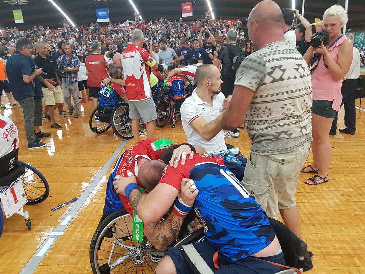 IntlRugbyLeague's tweet photo. Congratulations to @FFRXIII ๐ซ๐ท for winning the 2017 Wheelchair #RLWC Final after defeating @EnglandWhRL 38-34. #FOWC2017 #RugbyLeague https://t.co/dRYohFBT6f