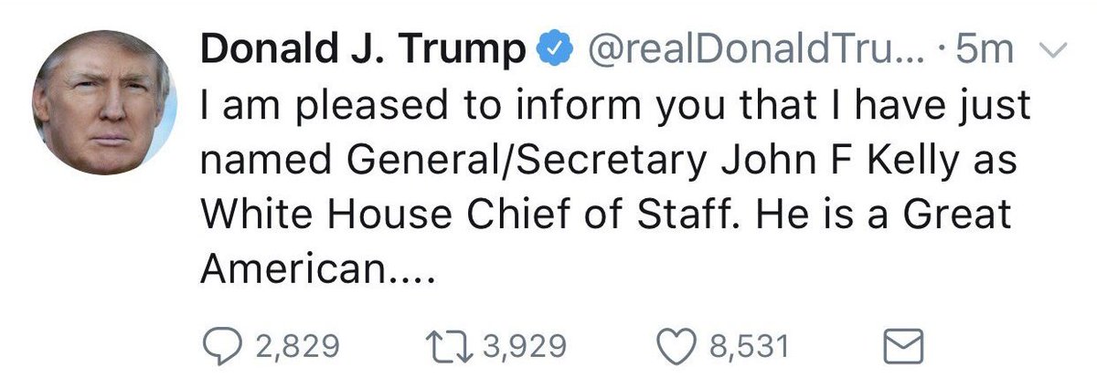 GoodNewsInfos's tweet photo. 🔴ÉTATS-UNIS🔴 Donald #Trump annonce que le Généreal #Kellu remplace Reince #Priebus au poste de chef de cabinet de la Maison Blanche. https://t.co/y06EQOKc5g