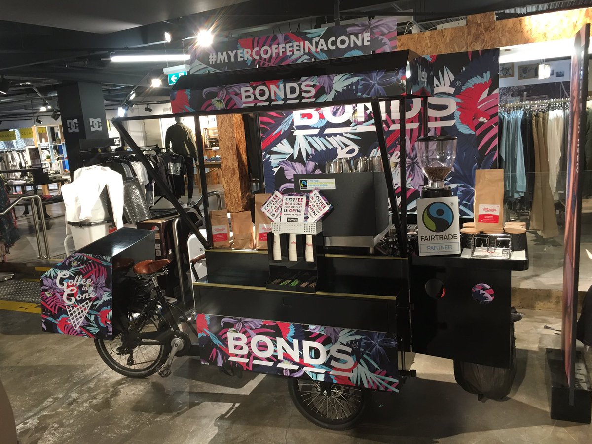 wheelysmelb's tweet photo. Setting up for the @BondsAus #myercoffeeinacone event. Free #coffeeinacone from 1pm at The Basement @myer #Melbourne https://t.co/AmlRXMXNL6