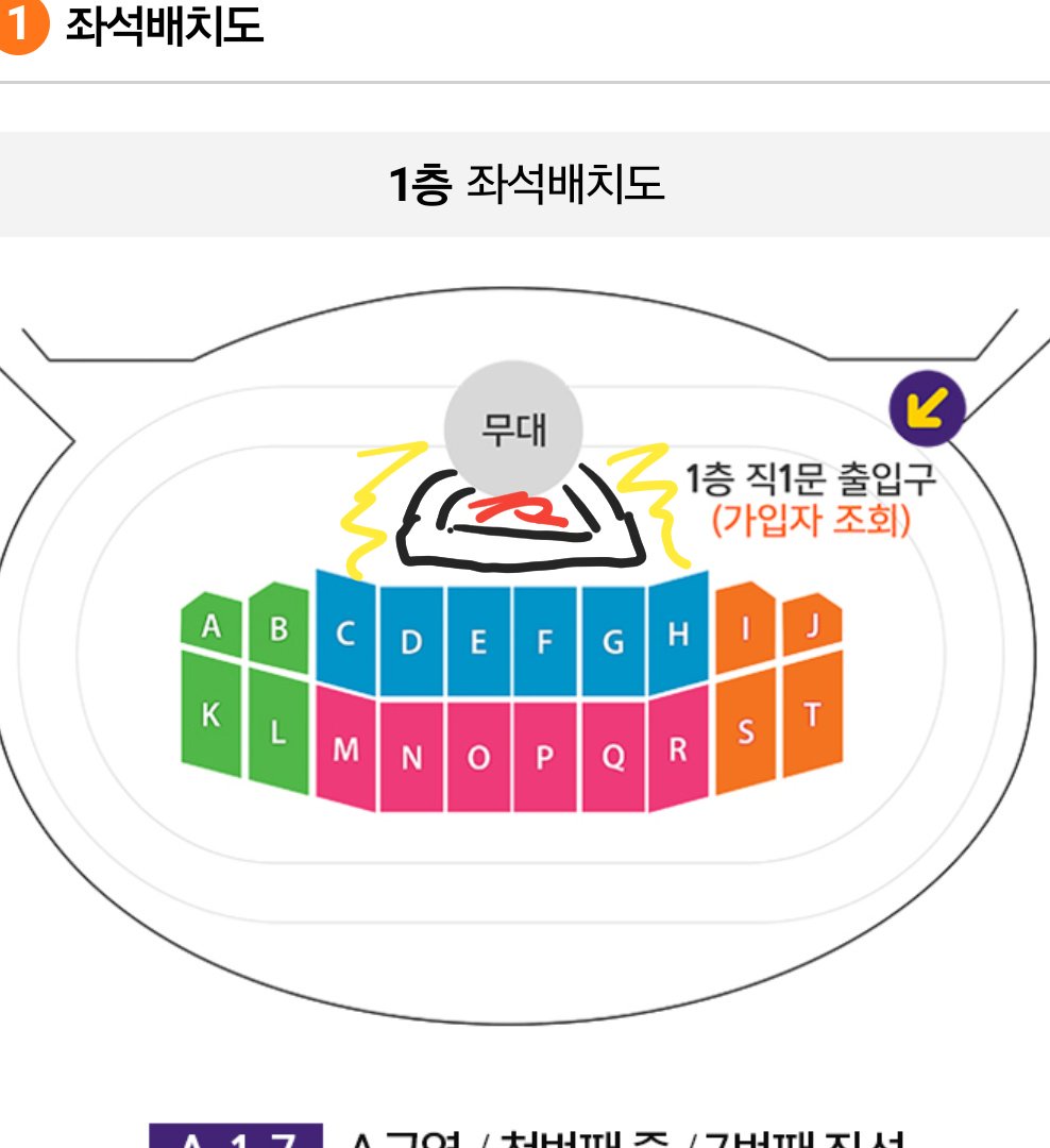 DHSH_0628's tweet photo. 그려놓은 빨간색이 팬석이고 노란색쪽으로 구역이 새로생겼어요 
노란색 자리 1개있어요
#더쇼 #진주 #점프콘 #1층 #VIP https://t.co/QDvb0JFfJJ