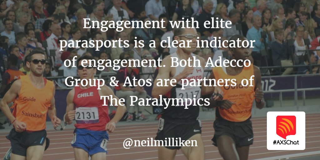 NeilMilliken's tweet photo. Engagement with elite parasports is a clear indicator of engagement. Both @adeccogroup &amp; @atos are partners of @paralympics #axschat https://t.co/vBvRMY8JXH