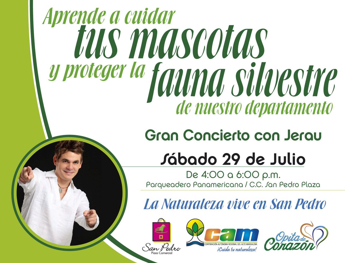 CAMHUILA's tweet photo. Mañana sábado 29 de julio todos al concierto de #Jerao en el Centro Comercial San Pedro Plaza de #Neiva. Seamos #OpitasdeCorazón💚 https://t.co/AgJd37MTWj