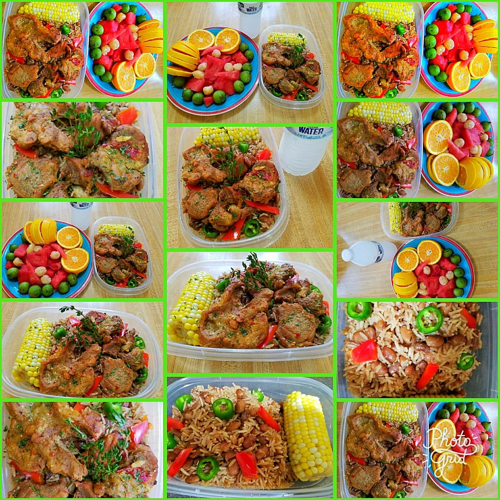 EveLkCuisine's tweet photo. Beautiful and savory Caribbean food collage delights served with Fresh fruits #riceandbeansdish #porkchops #cornonthecobb #moreingredients. https://t.co/L0NCAP4icH