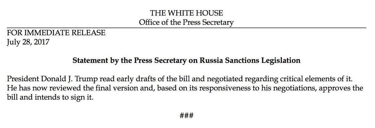 BREAKING NEWS: .@POTUS approves bill to sanction Russia and intends to sign it. https://t.co/h1JHFRLwfS