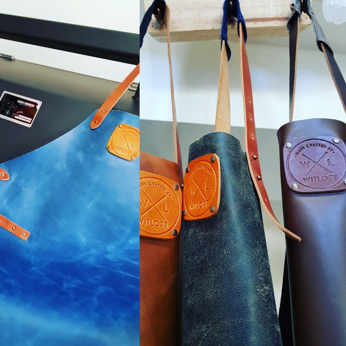 BBQAroma's tweet photo. For gentlemen barbecuing #witloft leather aprons hanging in our shop. https://t.co/PbULskWDM3